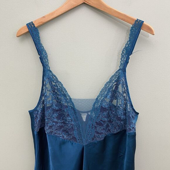 VTG Victorias Secret Long Satin Slip Dress Side Slit Lace Womens L Green Blue - Picture 3 of 9